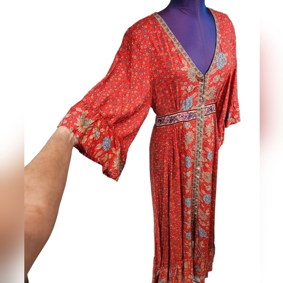 Bali Rattan Red Floral Kimono Maxi Dress Boho Peasant Size Medium‎ Women's - Picture 6 of 10
